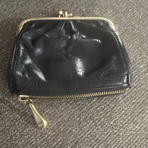 HOBO Black Leather Kiss-Lock Coin Purse with Gold Hardware